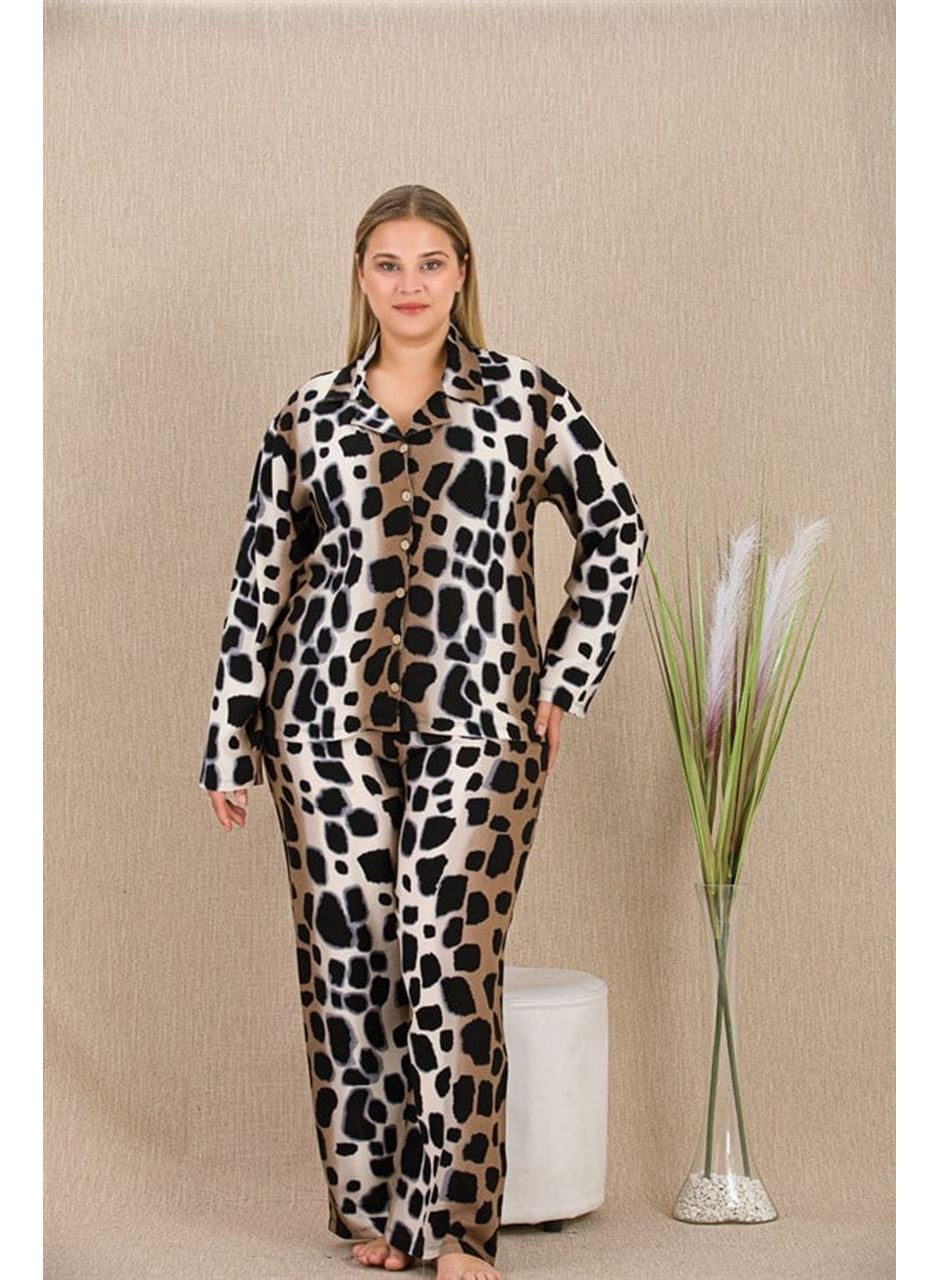 Büyük Beden Siyah Benekli Düğmeli Uzun Kol Viskon Pijama Takımı