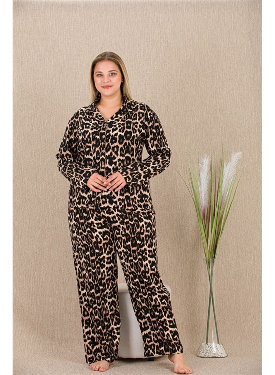 Büyük Beden Leopar Desenli Düğmeli Uzun Kol Viskon Pijama Takımı