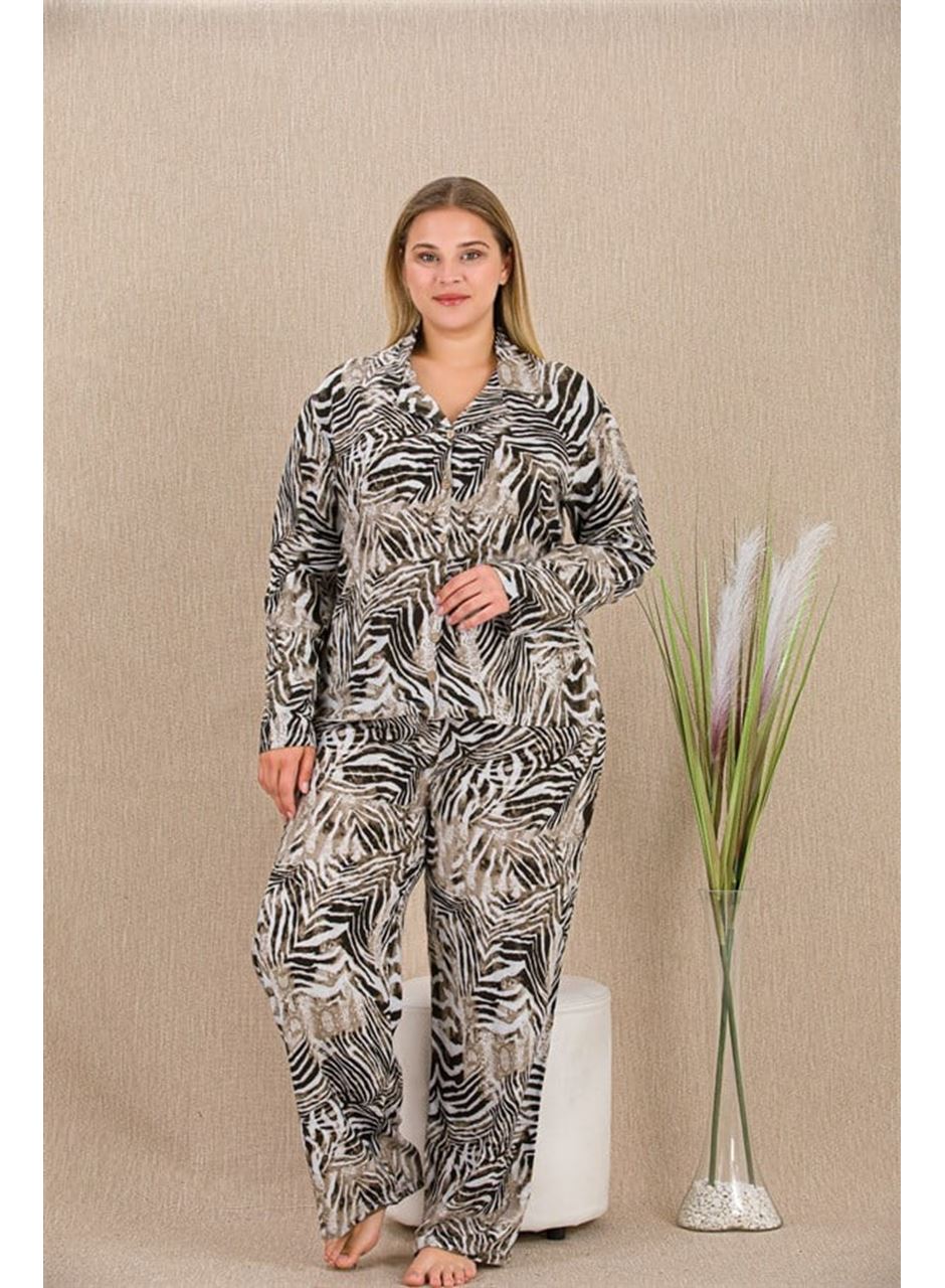 Büyük Beden Çizgili Düğmeli Uzun Kol Viskon Pijama Takımı