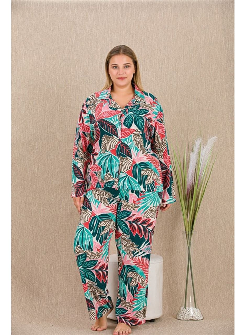 Büyük Beden Renkli Yaprak Desenli Düğmeli Uzun Kol Viskon Pijama Takımı