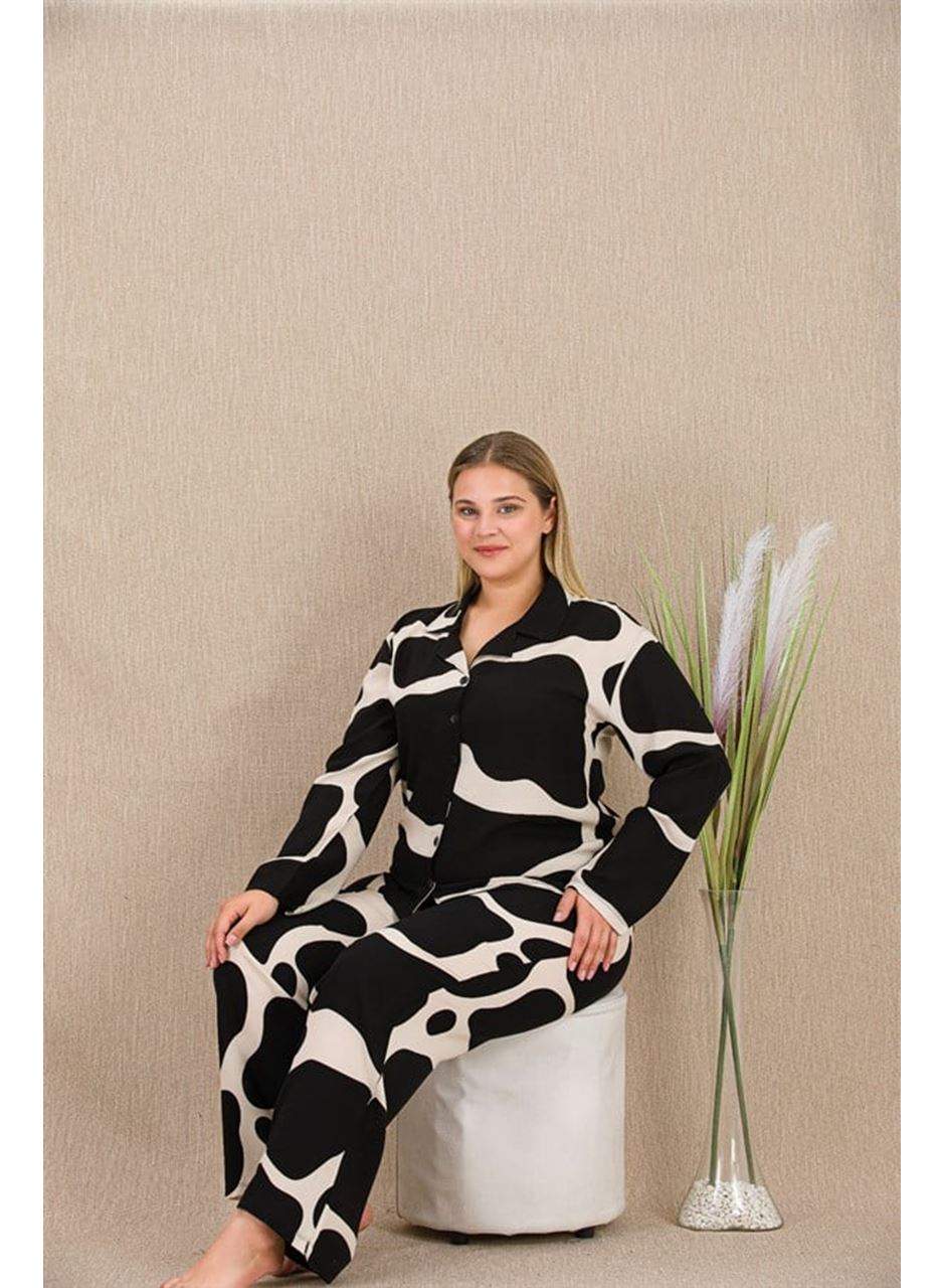 Büyük Beden Siyah Beyaz Desenli Düğmeli Uzun Kol Viskon Pijama Takımı