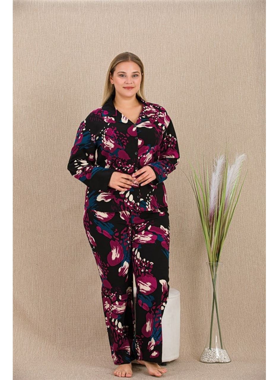 Büyük Beden Renkli Desenli Düğmeli Uzun Kol Viskon Pijama Takımı