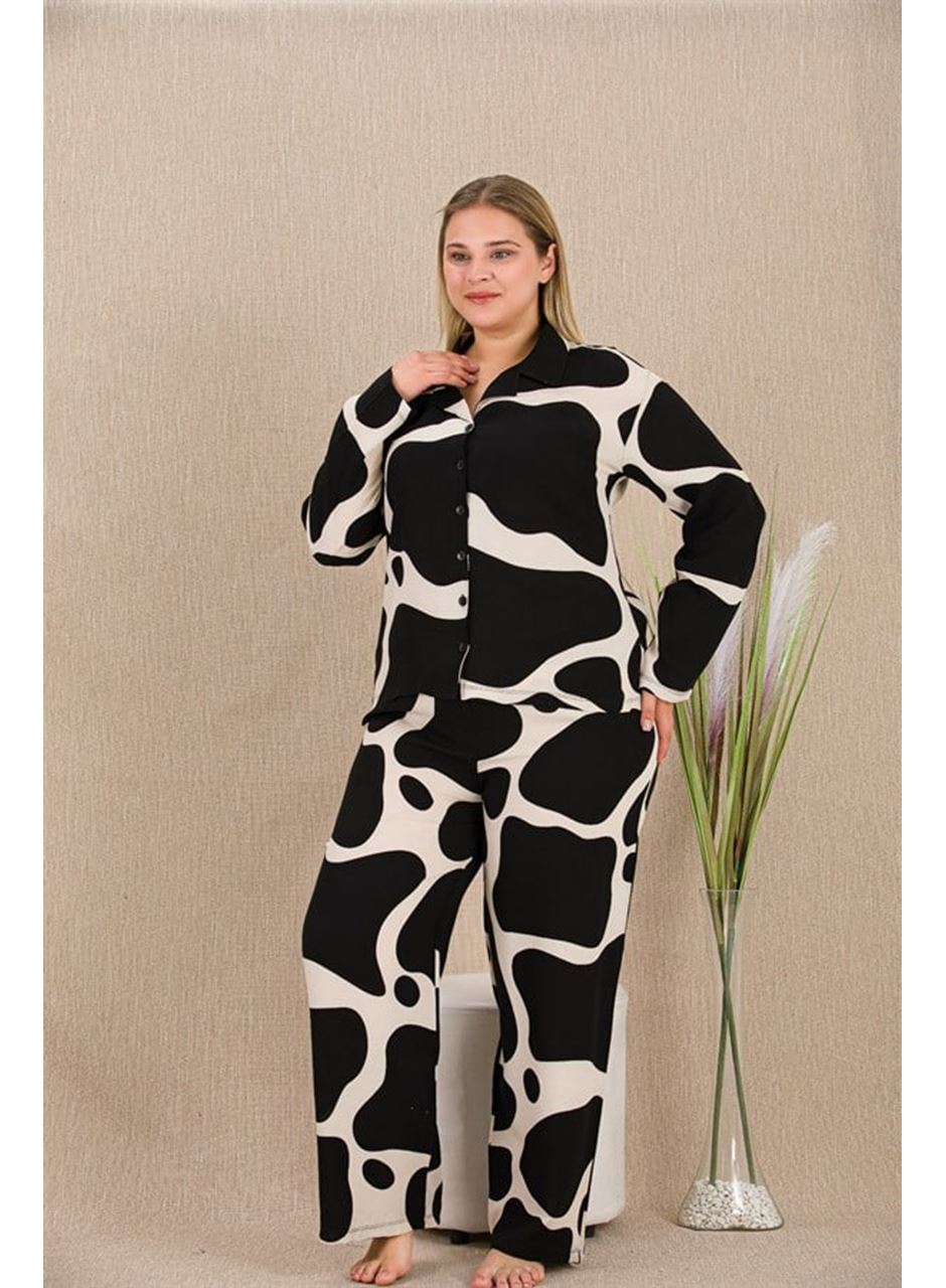 Büyük Beden Siyah Beyaz Desenli Düğmeli Uzun Kol Viskon Pijama Takımı