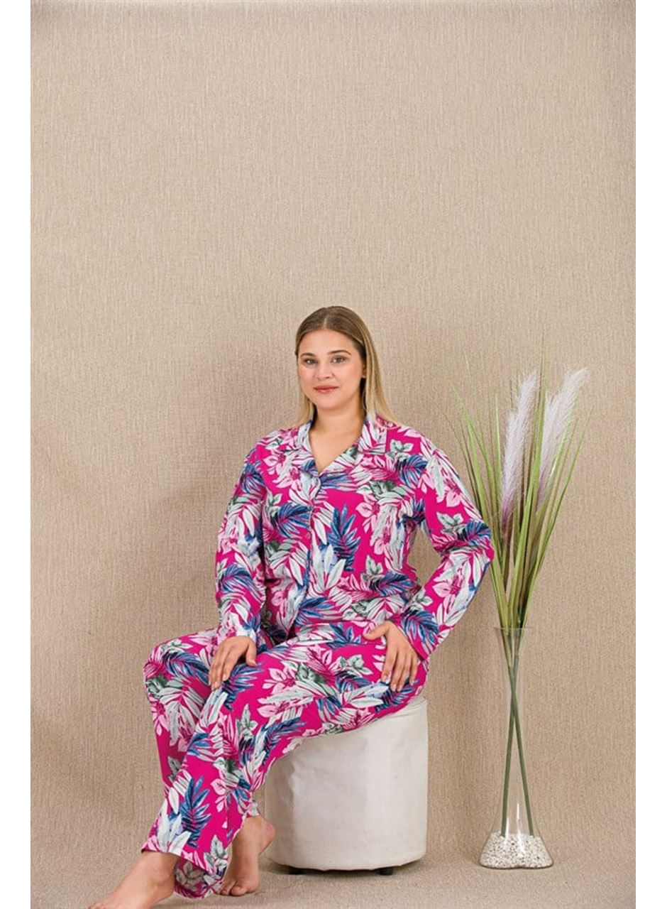 Büyük Beden Renkli Yaprak Desenli Düğmeli Uzun Kol Viskon Pijama Takımı