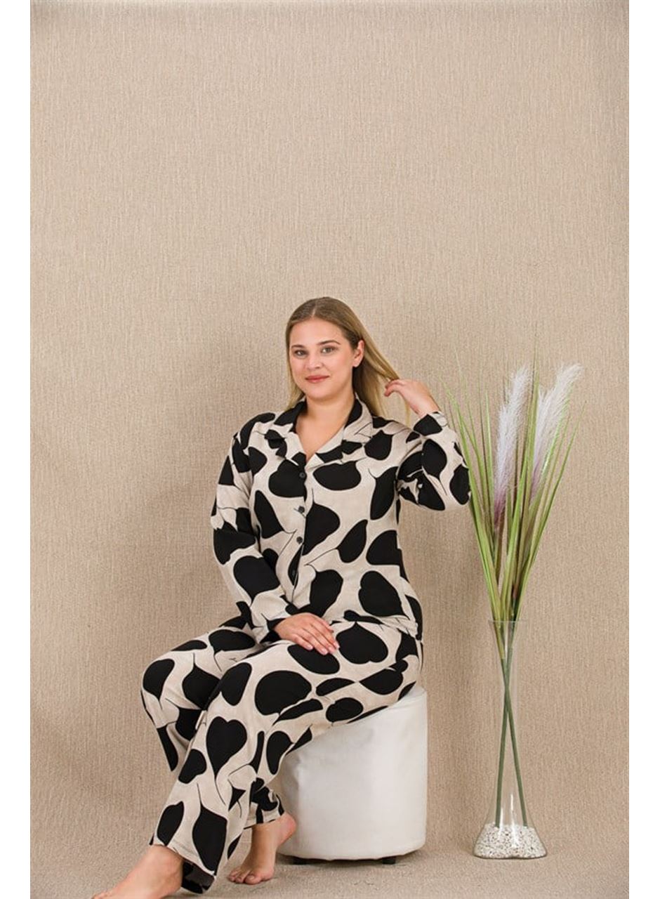 Büyük Beden Siyah Beyaz Kalp Desenli Düğmeli Uzun Kol Viskon Pijama Takımı