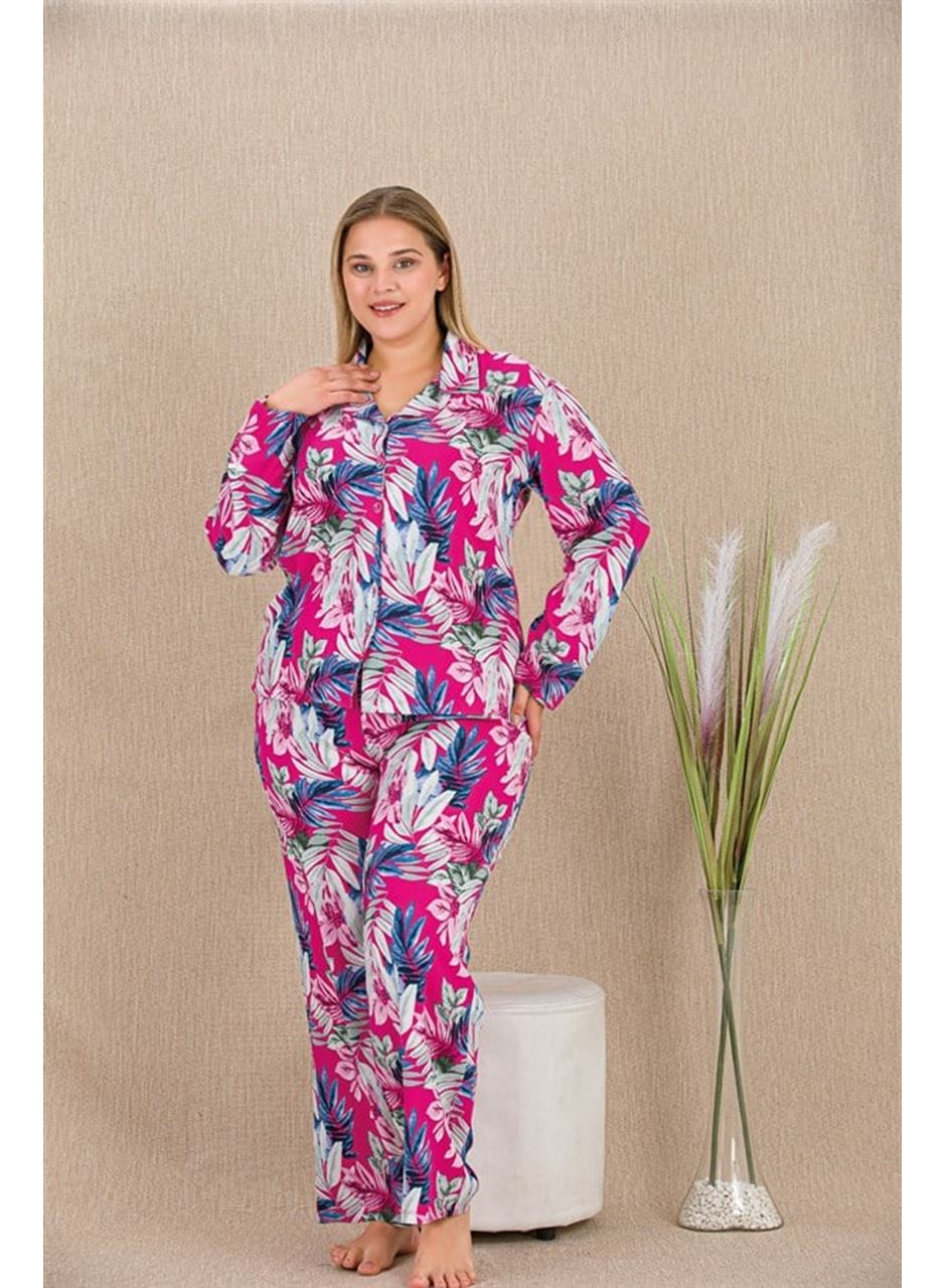 Büyük Beden Renkli Yaprak Desenli Düğmeli Uzun Kol Viskon Pijama Takımı
