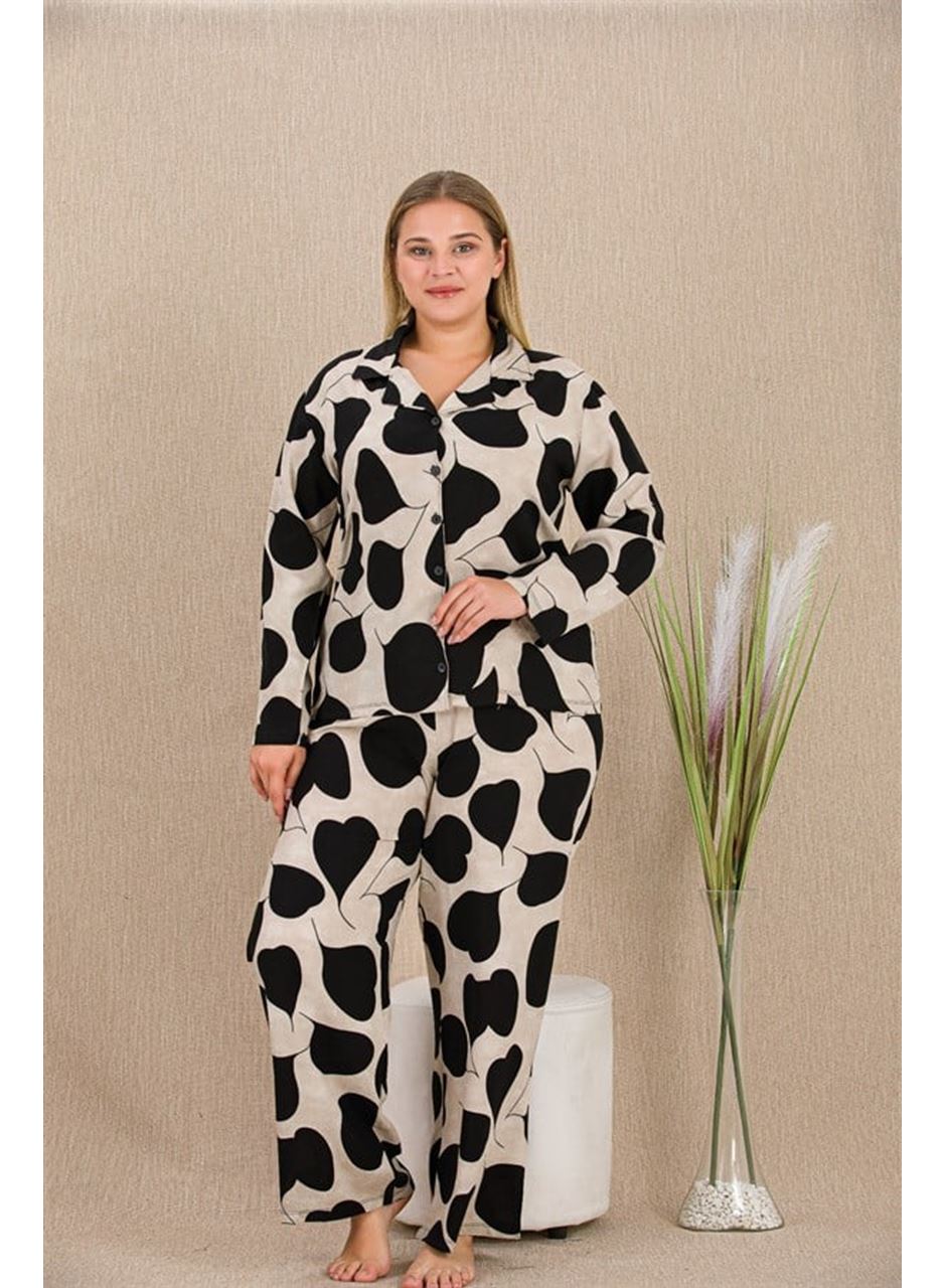 Büyük Beden Siyah Beyaz Kalp Desenli Düğmeli Uzun Kol Viskon Pijama Takımı