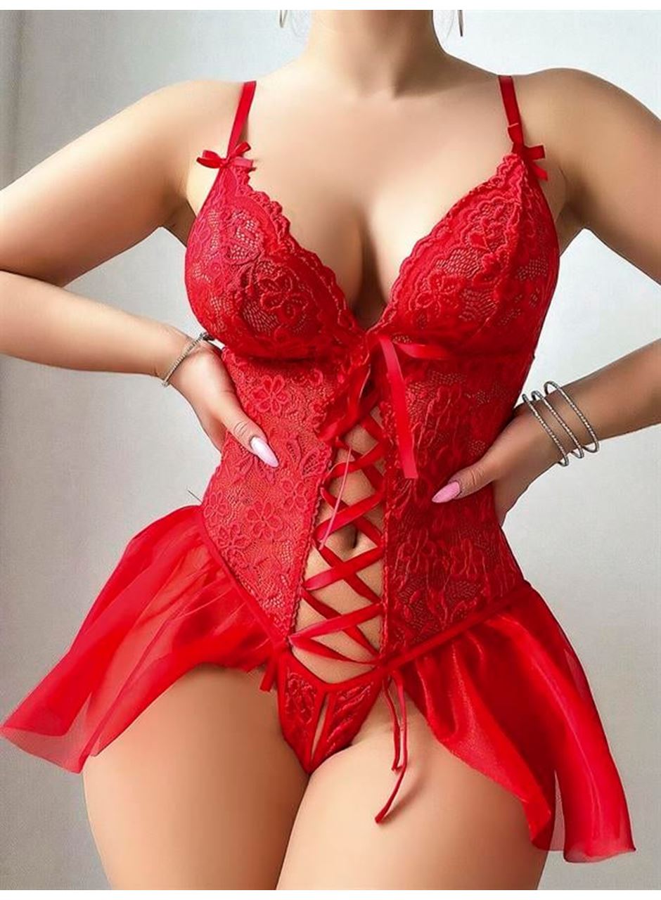 Kırmızı Dantel Detaylı Önü Dekolteli Fantezi Babydoll