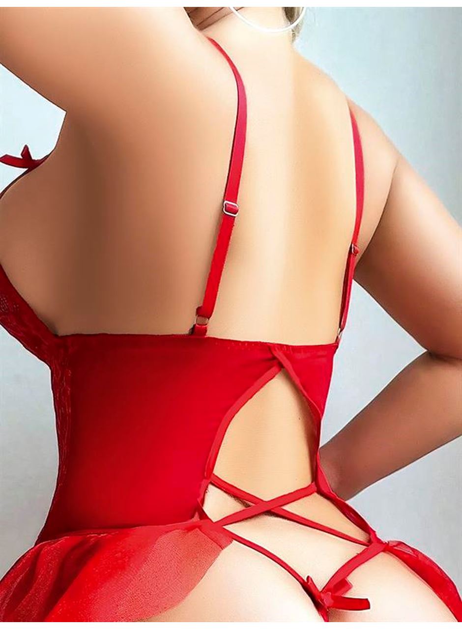 Kırmızı Dantel Detaylı Önü Dekolteli Fantezi Babydoll