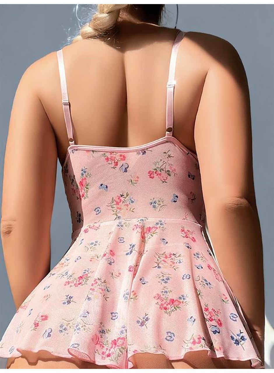 Pembe Dantel İşlemeli Çiçek Desenli Fantezi Gecelik