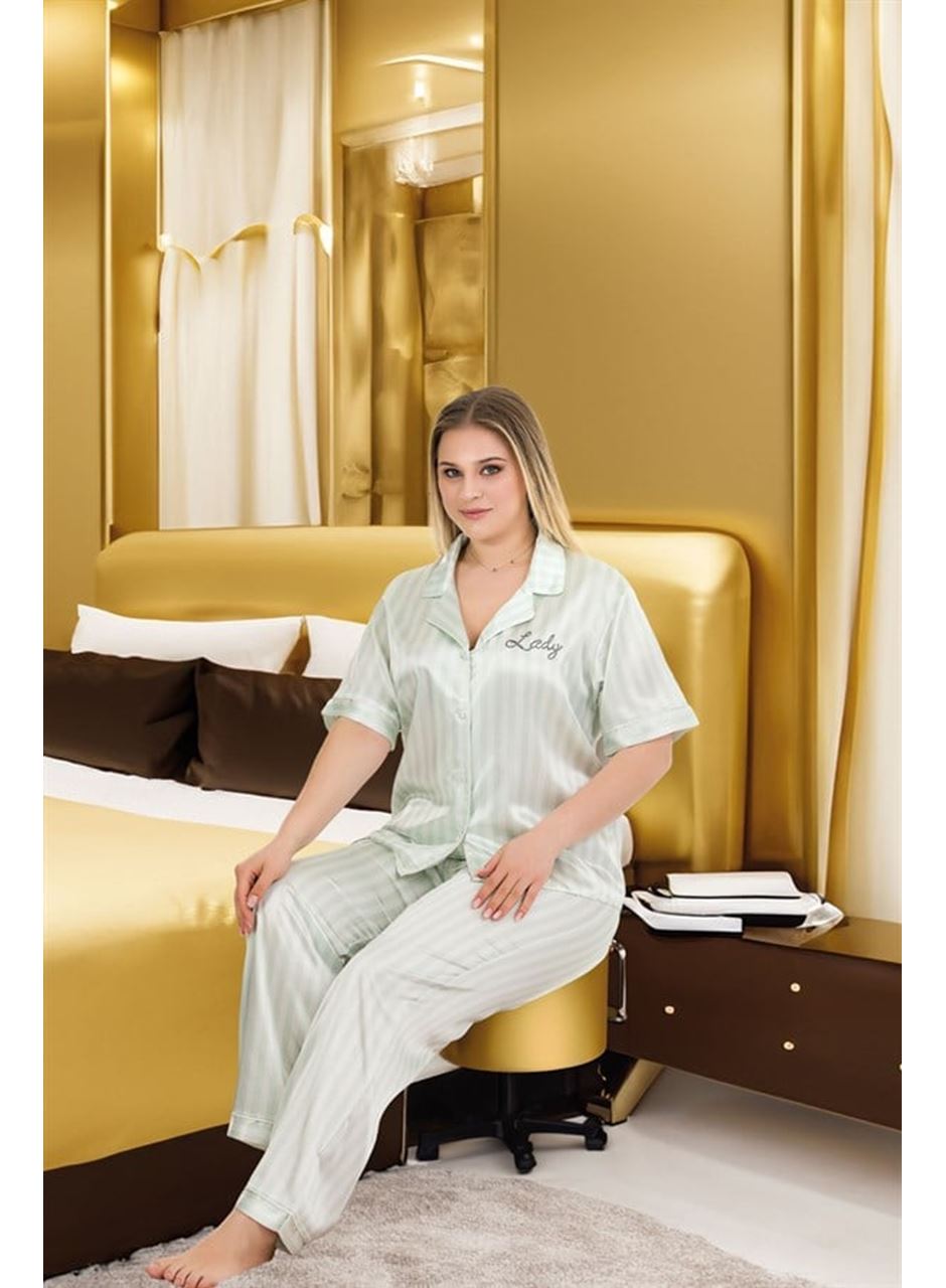Büyük Beden Şık Tasarım Mint Yeşil Çizgili Düğmeli Kısa Kol Lüx Saten Pijama Takımı