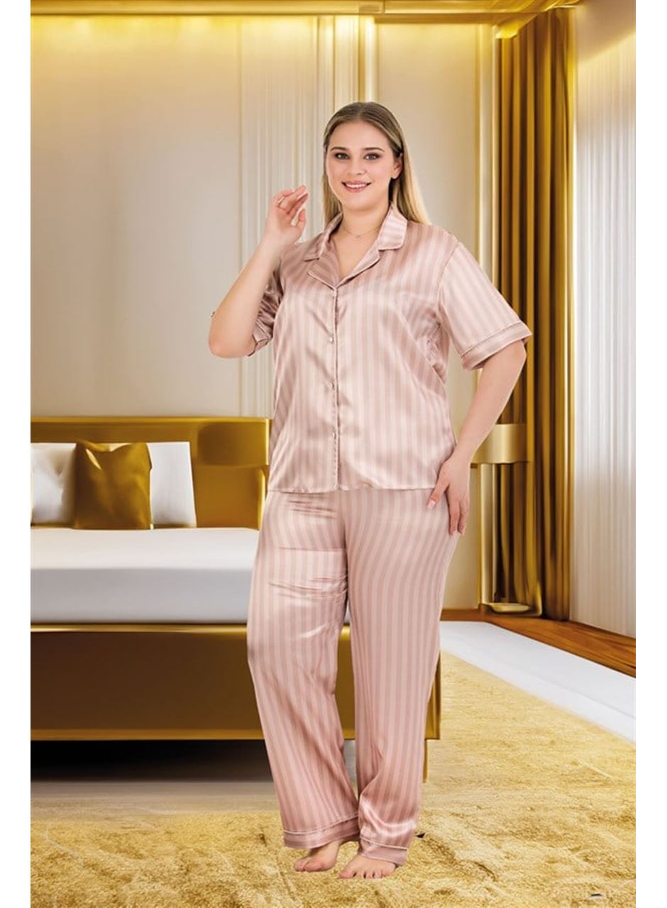 Büyük Beden Şık Tasarım Vizon Çizgili Düğmeli Kısa Kol Lüx Saten Pijama Takımı