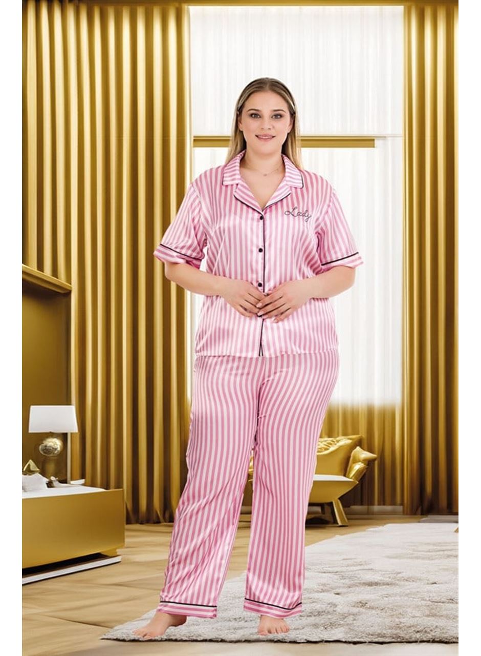 Büyük Beden Şık Tasarım Pembe Çizgili Düğmeli Kısa Kol Lüx Saten Pijama Takımı