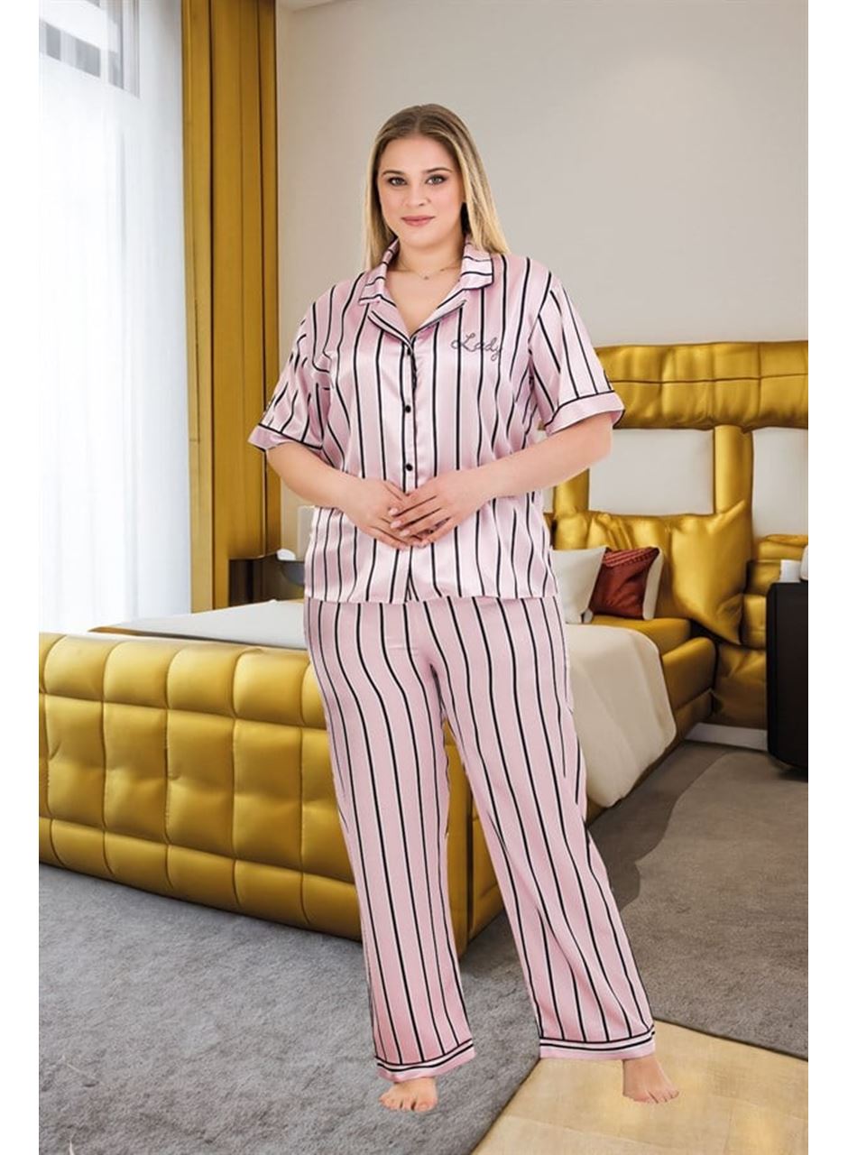 Büyük Beden Şık Tasarım Pembe Siyah Çizgili Düğmeli Kısa Kol Lüx Saten Pijama Takımı