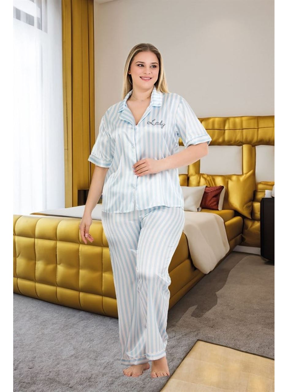 Büyük Beden Şık Tasarım Mavi Çizgili Düğmeli Kısa Kol Lüx Saten Pijama Takımı