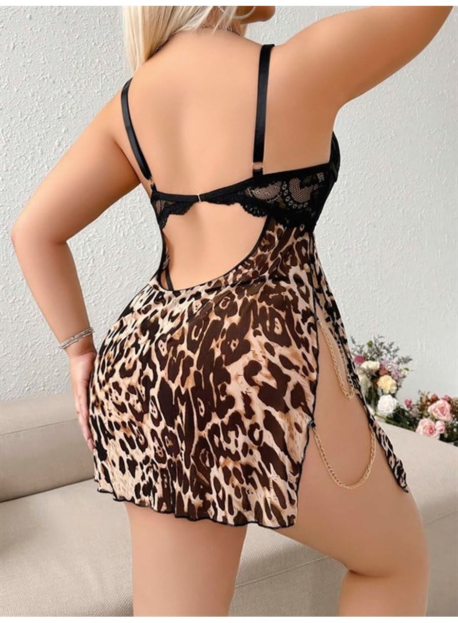 Büyük Beden Leopar Desenli Dantel İşlemeli Zincir Detaylı Fantezi Gecelik