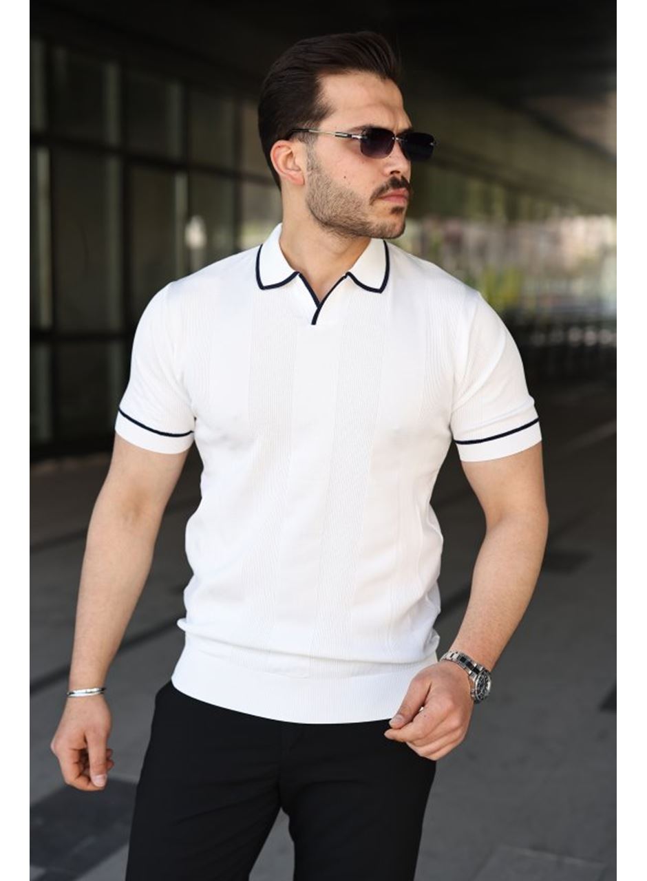 Erkek Dokulu Desen Yakalı Kısa Kollu Tişört
