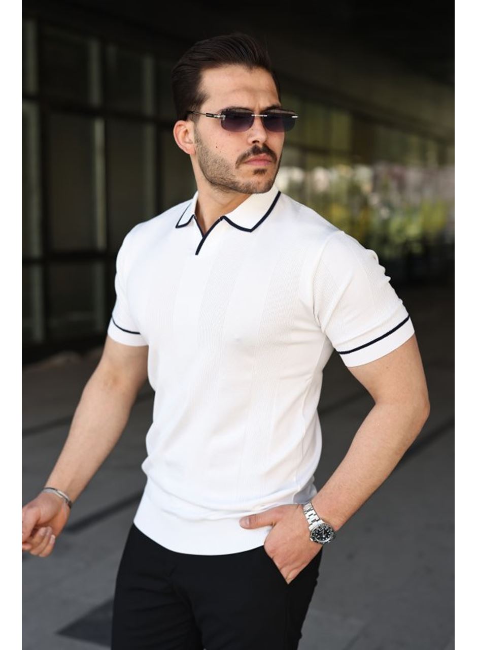Erkek Dokulu Desen Yakalı Kısa Kollu Tişört