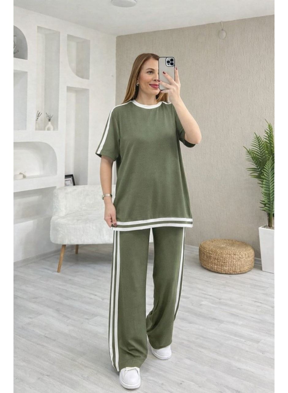 Kadın Kısa Kollu Bisiklet Yaka çift Renk şerit Detaylı Viskon Iki Iplik Bluz Ve Pantolon Ikili Takım