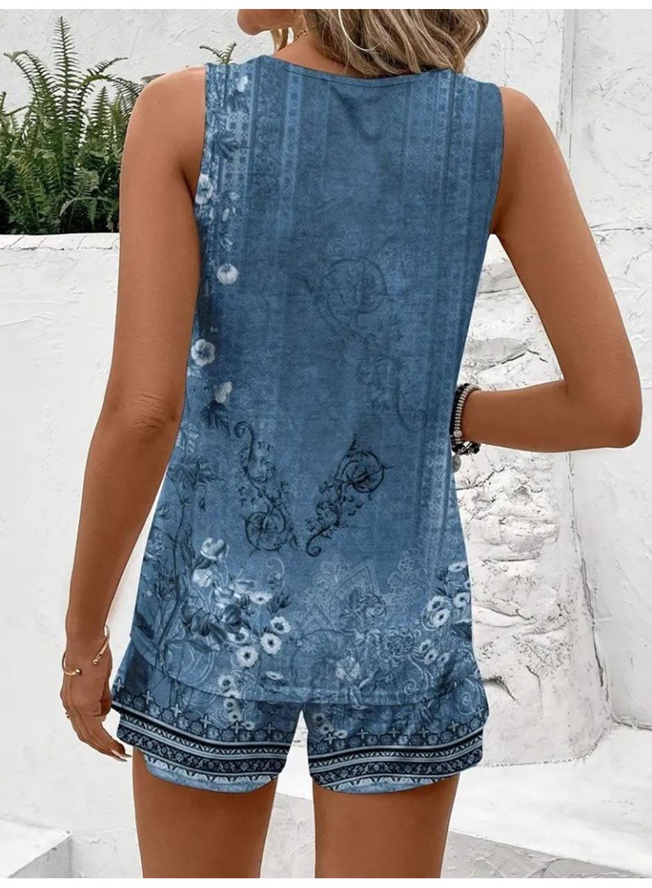 Kadın Askılı Yuvarlak Yaka çiçek Baskılı Süprme Bluz Ve Short Ikili Takım