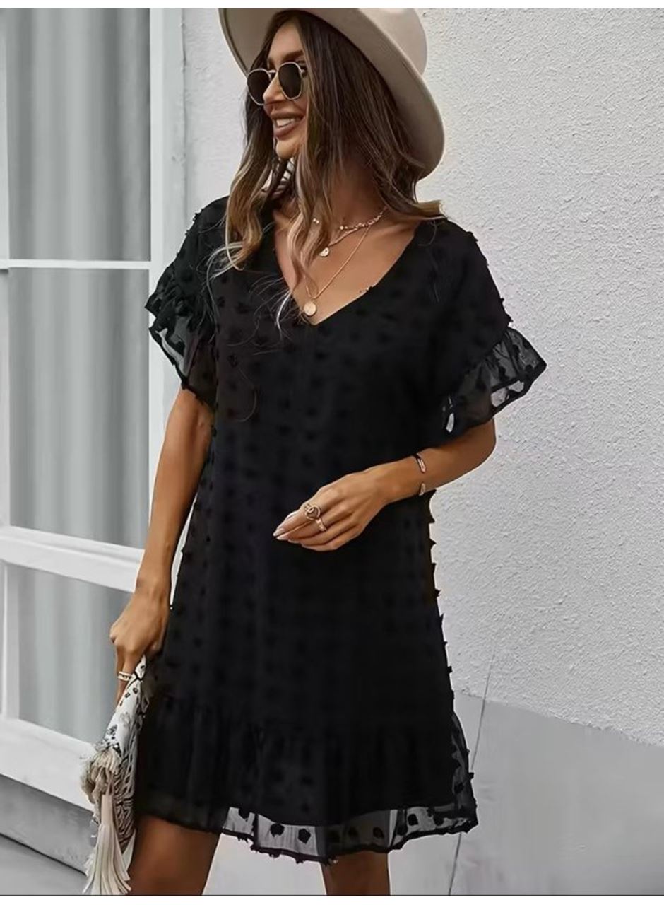 Kadın Kısa Kollu V Yakalı Kısa Puantıyeli şifon Elbise
