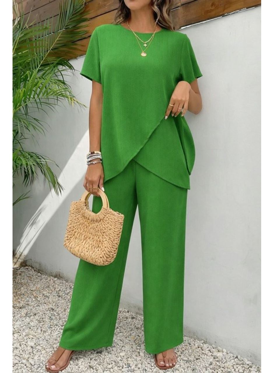 Kadın Kısa Kollu Bisiklet Yaka Asimetrik Kesim Detaylı Bürümcük Bluz Ve Pantolon Ikili Takım