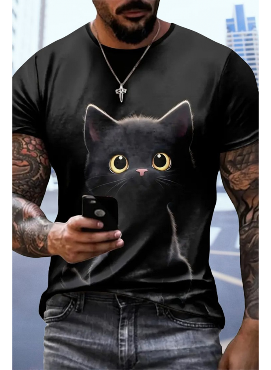 Erkek Bisiklet Yaka Kedi Baskılı Süprem T-shirt
