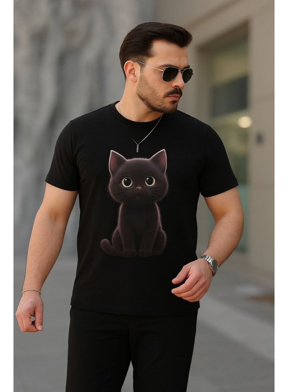 Erkek Bisiklet Yaka Kedi Baskılı Süprem T-shirt