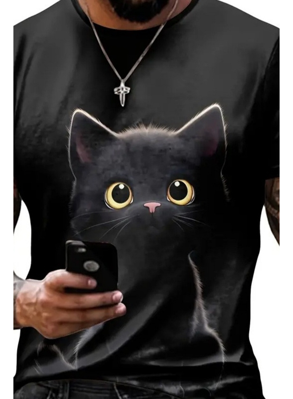 Erkek Bisiklet Yaka Kedi Baskılı Süprem T-shirt