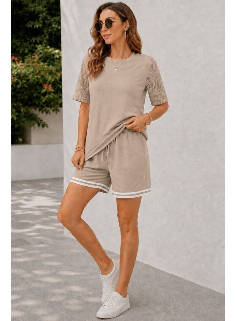 Kadın Kısa Kollu Bisiklet Yakalı Waffle Bluz Ve Short Ikili Takım