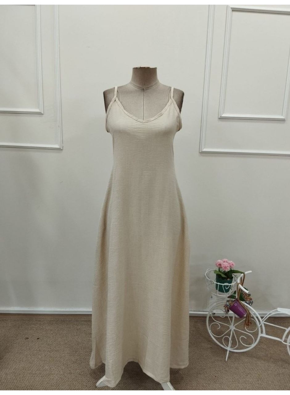 Kadın Ip Askılı V Yakalı Cep Detaylı Uzun Elbise