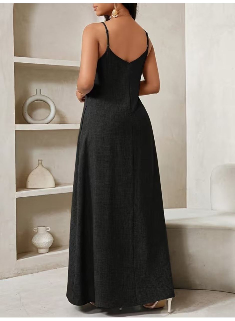 Kadın Ip Askılı V Yakalı Cep Detaylı Uzun Elbise