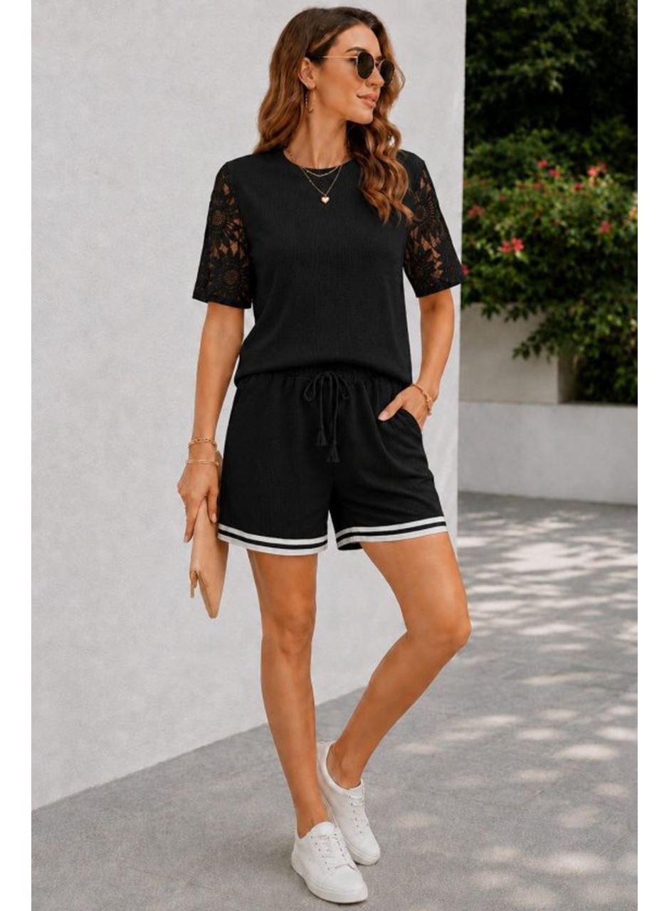 Kadın Kısa Kollu Bisiklet Yakalı Waffle Bluz Ve Short Ikili Takım