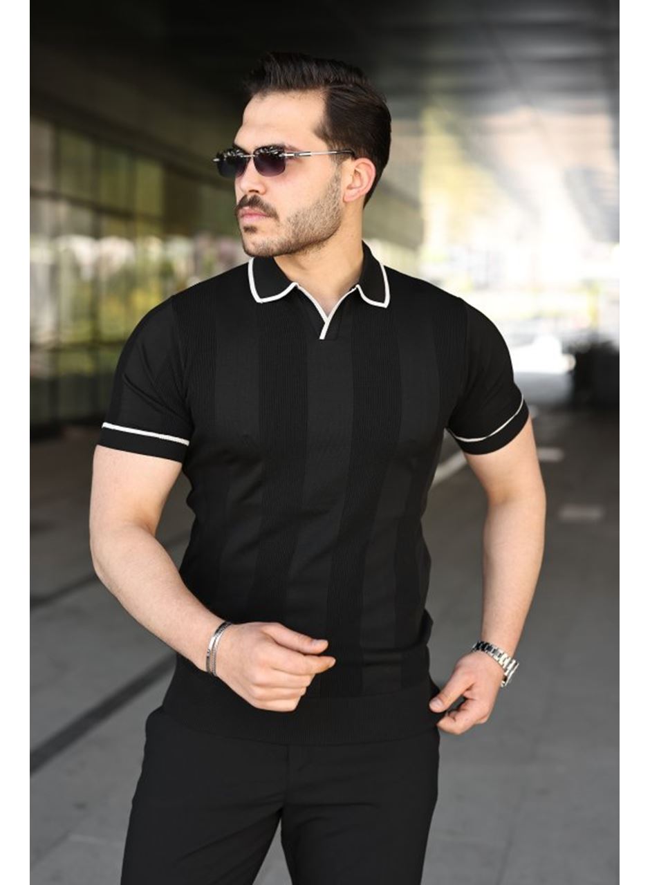 Erkek Dokulu Desen Yakalı Kısa Kollu Tişört