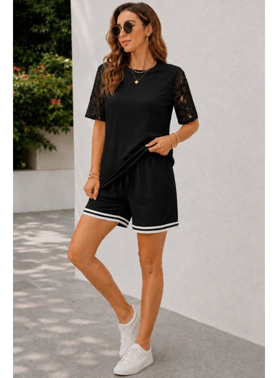 Kadın Kısa Kollu Bisiklet Yakalı Waffle Bluz Ve Short Ikili Takım