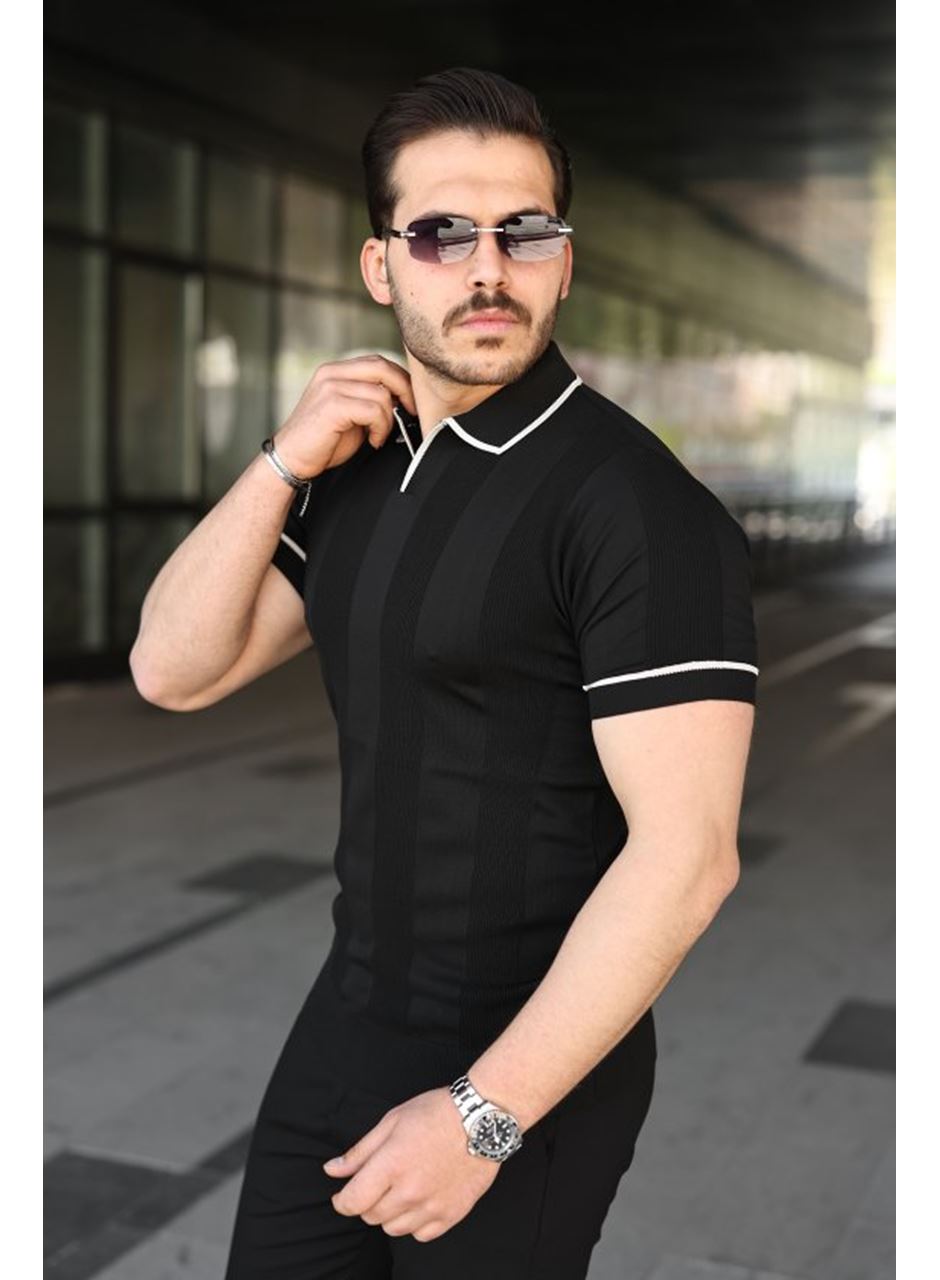 Erkek Dokulu Desen Yakalı Kısa Kollu Tişört