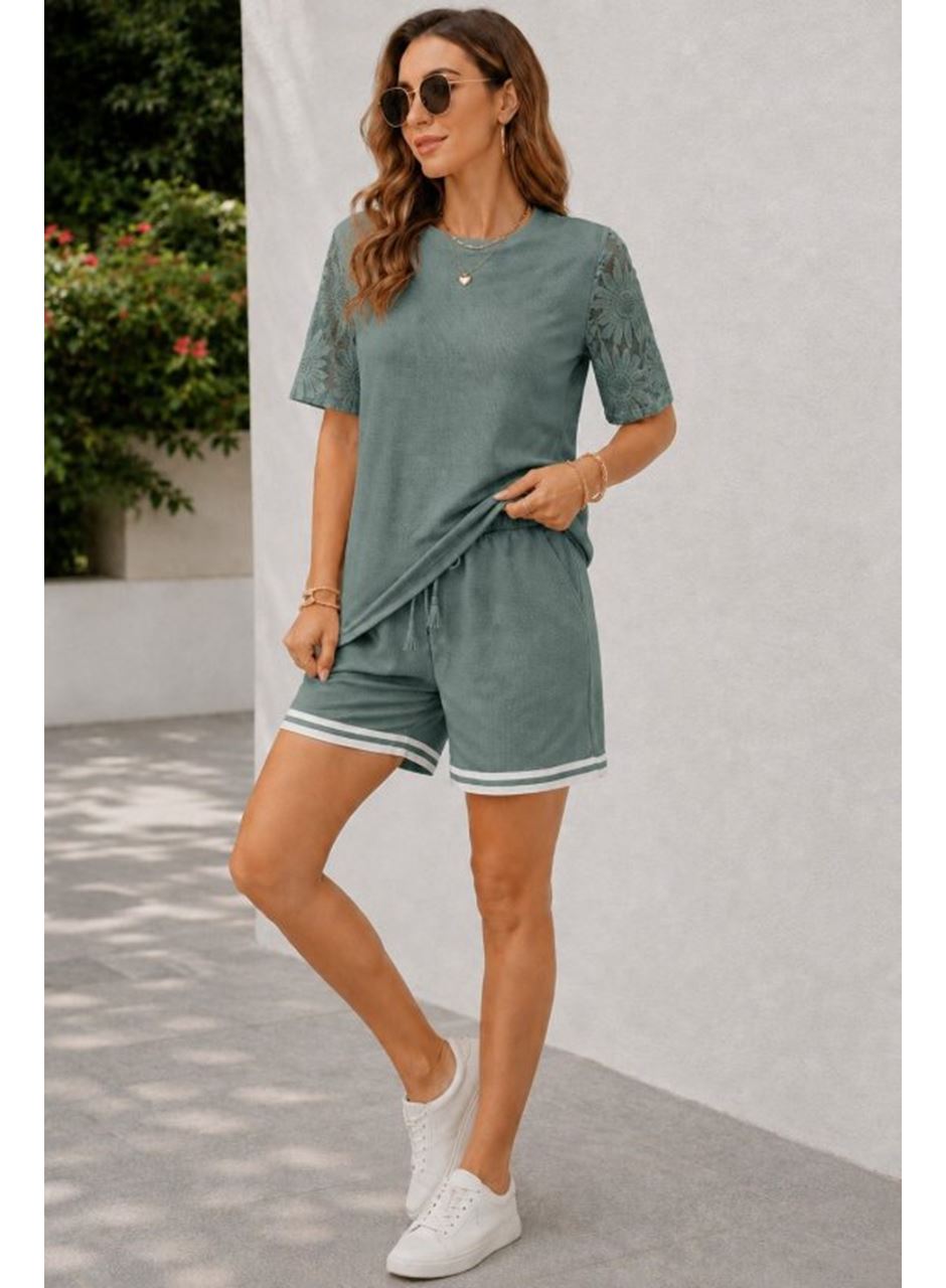 Kadın Kısa Kollu Bisiklet Yakalı Waffle Bluz Ve Short Ikili Takım