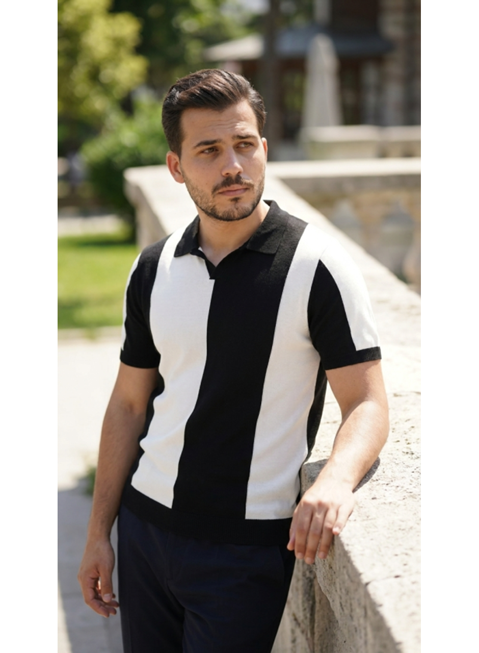 Erkek Kısa Kollu Polo Yakalı Blok Desenli Triko Bluz