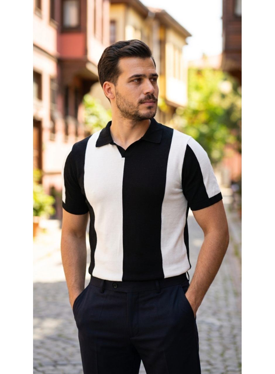 Erkek Kısa Kollu Polo Yakalı Blok Desenli Triko Bluz