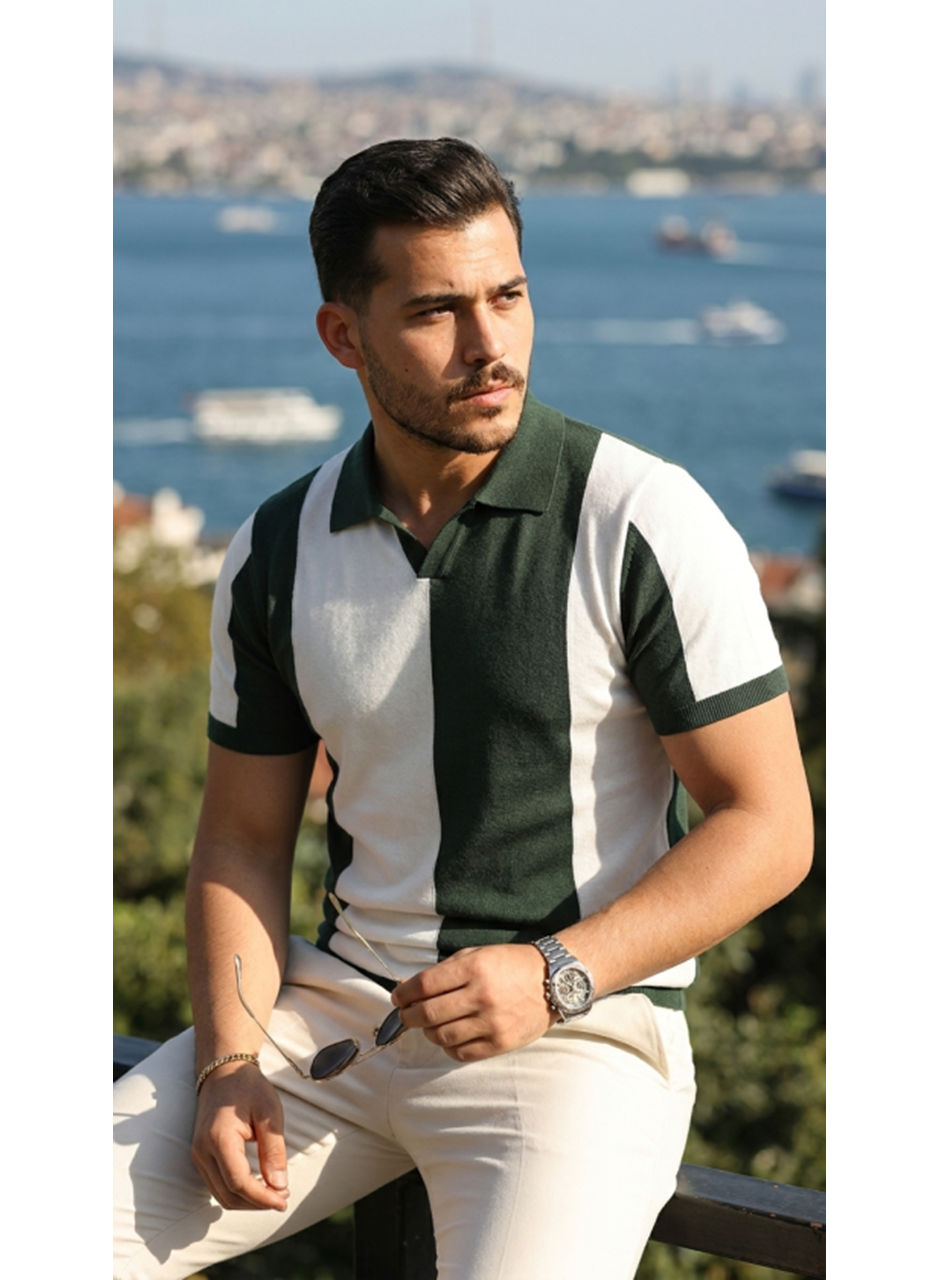 Erkek Kısa Kollu Polo Yakalı Blok Desenli Triko Bluz