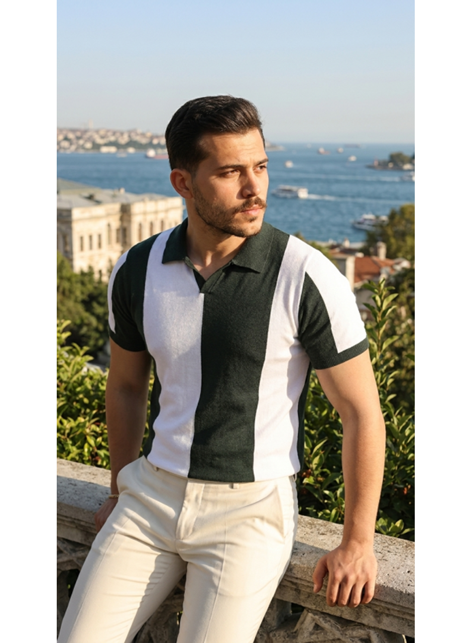 Erkek Kısa Kollu Polo Yakalı Blok Desenli Triko Bluz