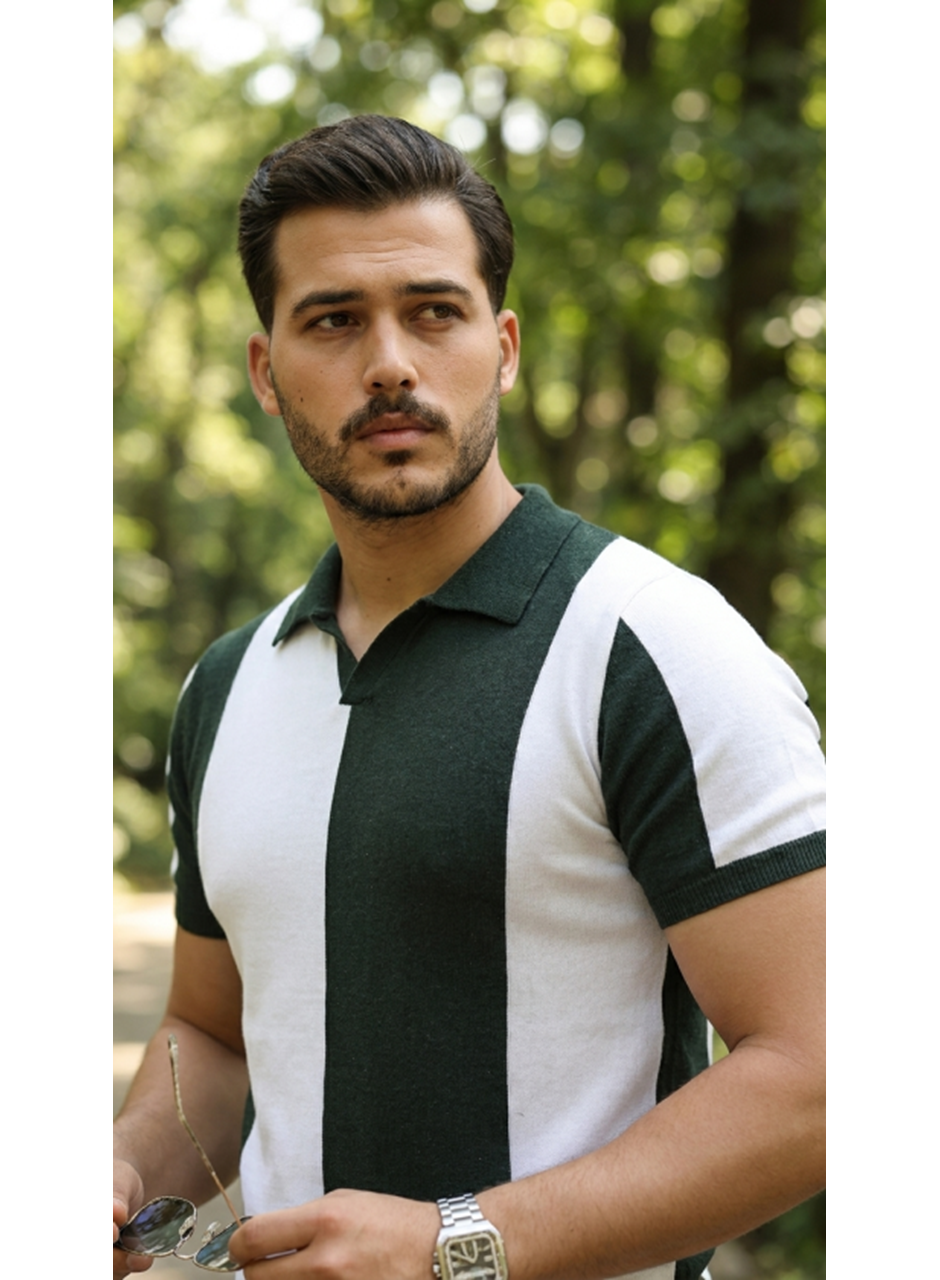 Erkek Kısa Kollu Polo Yakalı Blok Desenli Triko Bluz