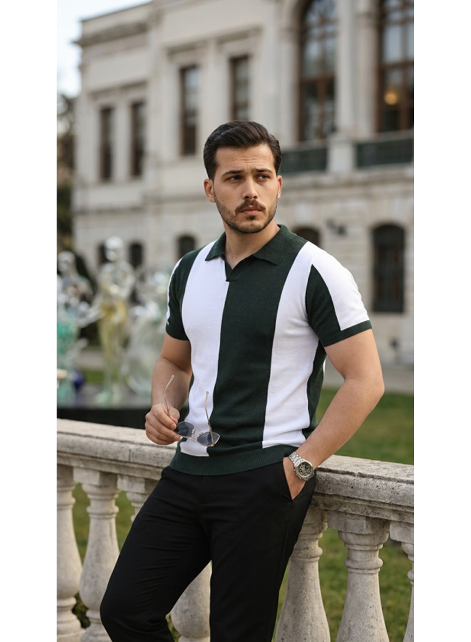 Erkek Kısa Kollu Polo Yakalı Blok Desenli Triko Bluz