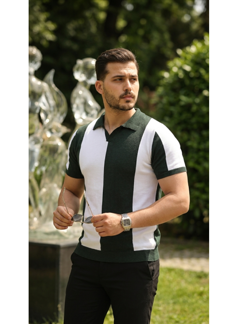 Erkek Kısa Kollu Polo Yakalı Blok Desenli Triko Bluz