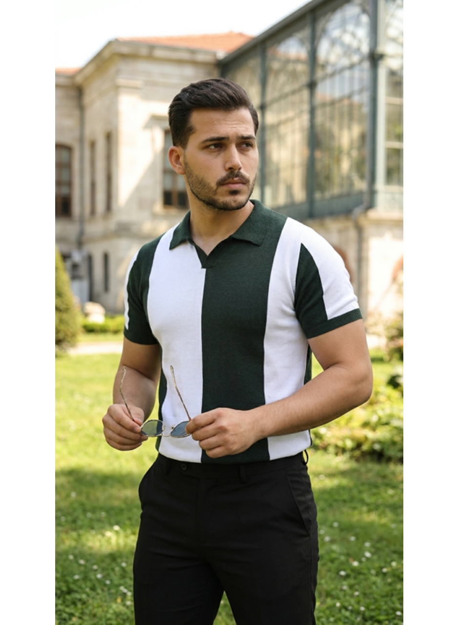 Erkek Kısa Kollu Polo Yakalı Blok Desenli Triko Bluz