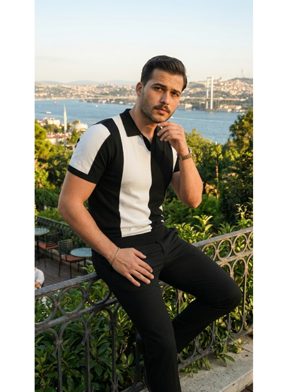 Erkek Kısa Kollu Polo Yakalı Blok Desenli Triko Bluz