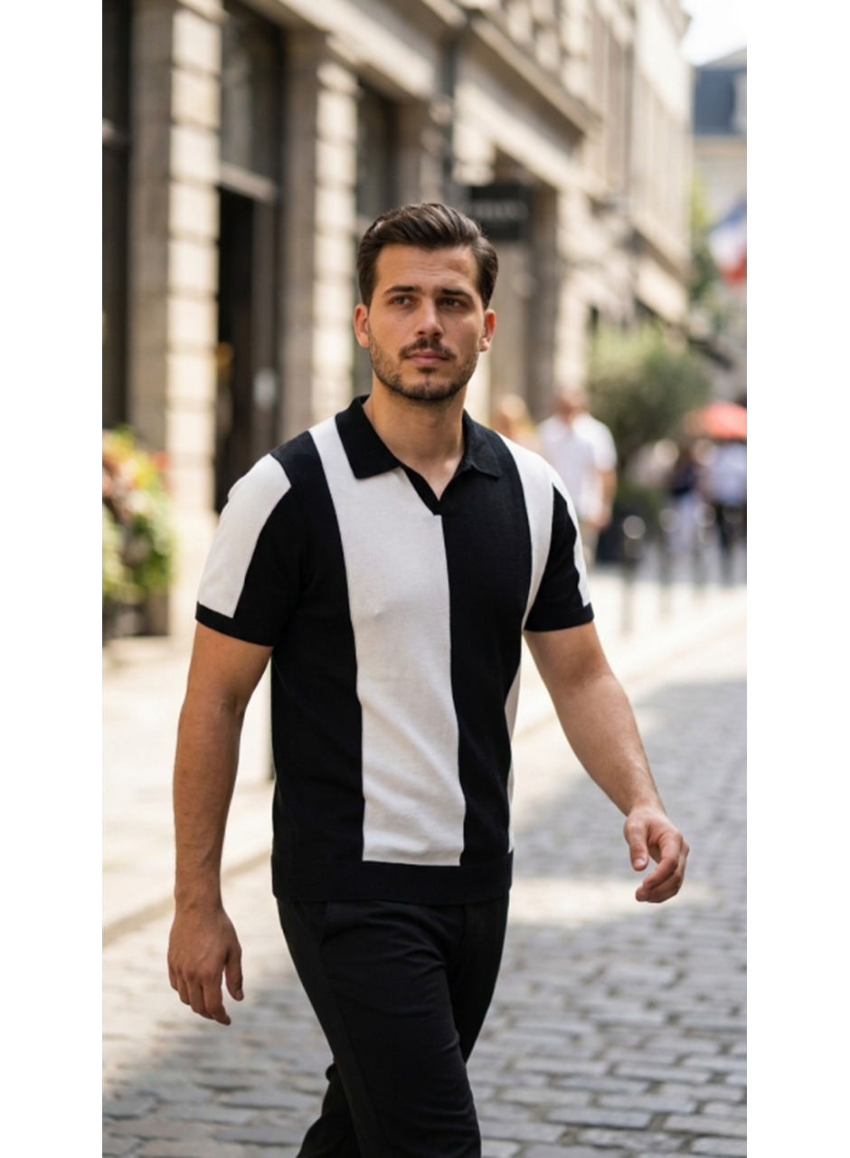 Erkek Kısa Kollu Polo Yakalı Blok Desenli Triko Bluz