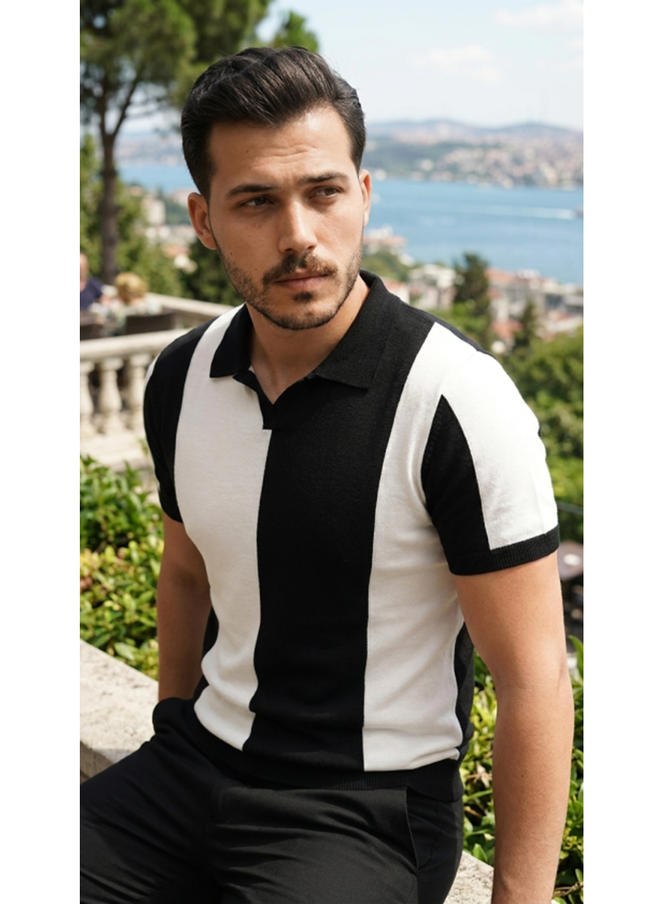 Erkek Kısa Kollu Polo Yakalı Blok Desenli Triko Bluz