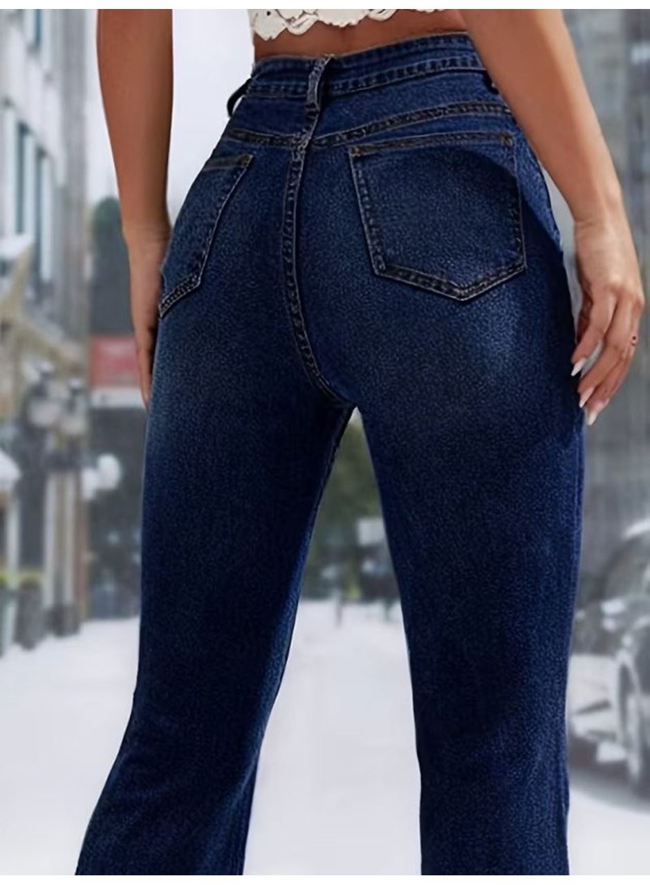 Kadın Yüksek Bel önden Düğme Detaylı Parçaya Doğru Geniş Kot Pantolon