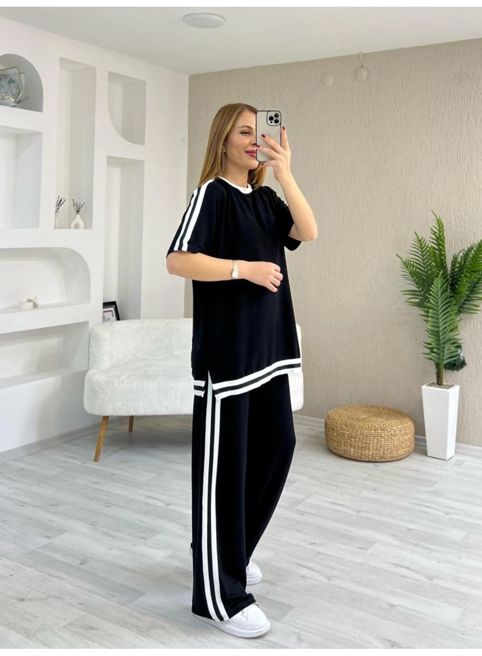 Kadın Kısa Kollu Bisiklet Yaka çift Renk şerit Detaylı Viskon Iki Iplik Bluz Ve Pantolon Ikili Takım